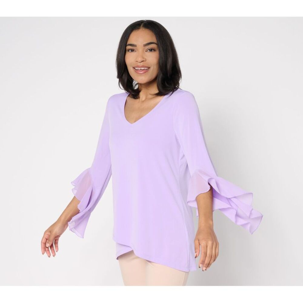 Susan Graver Women's Top Sz M Liquid Knit Tunic w Woven Ruffle Purple A685133